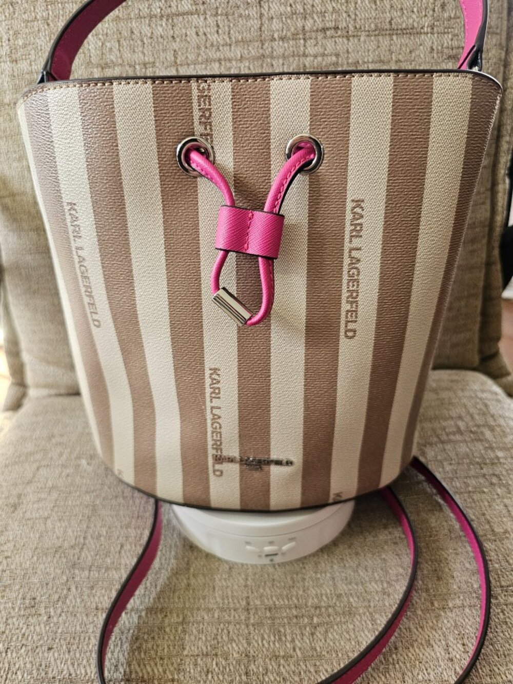 Karl Lagerfeld Beige and Cream Striped Bucket Bag with Pink Trim